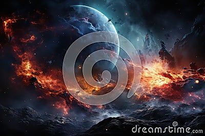 A fantastic space scene with planets: A cosmic voyage awaits. Stock Photo