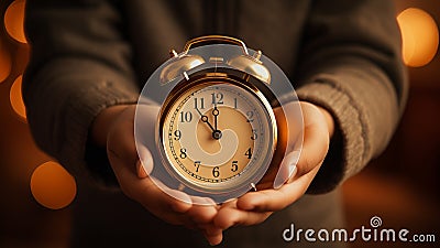 Innocence of Time: Small Hands of a Girl Holding an Analog Alarm Clock Stock Photo