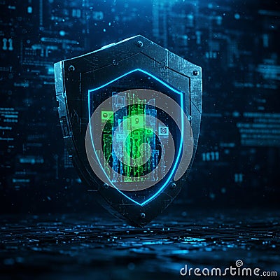 AI-Generated Image of Digital Shield with Keyhole Icon and Security Elements Stock Photo