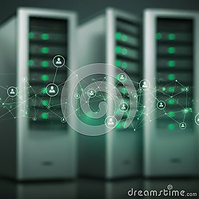 Server Cabinets with Network of Interconnected User Icons – AI-Generated Image Stock Photo
