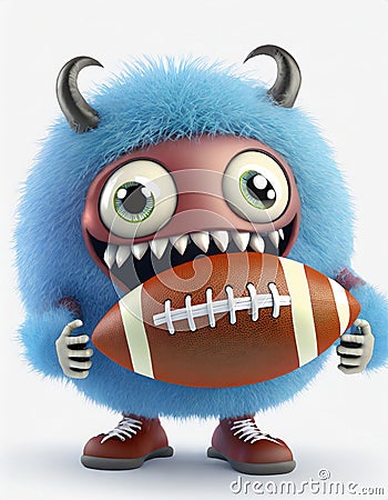 Cute fluffy ball monster playing American football Stock Photo