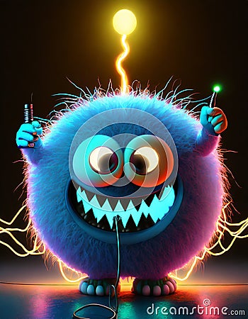 Cute fluffy ball monster playing with electricity Stock Photo