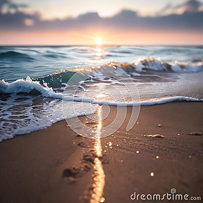 AI generated image of foamy sea waves in a sandy beach with sun set in the backdrop Stock Photo