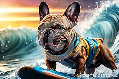 AI generated image of a French bulldog, Frenchie, surfing on waves Stock Photo