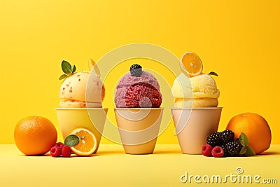 Fruit Sorbet tasty fast food street food for take away on yellow background Stock Photo