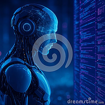 AI generated image of a futuristic android with digital circuitry studying real time data from a glowing screen in a high tech Stock Photo