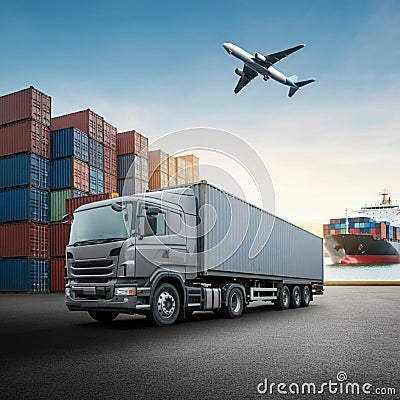 AI-Generated Image: Global Shipping Network with World Map and Transport Modes Stock Photo