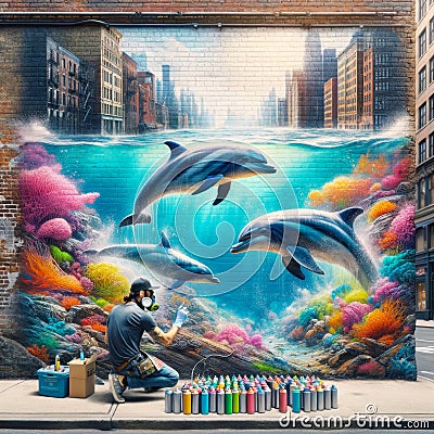 Hipster Graffiti Artist Dolphin Mural Painting Ocean Scene Brick Wall Vintage City Building AI Generated Stock Photo