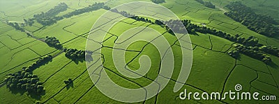 Green fields with geometric shapes and tree clumps from above Stock Photo