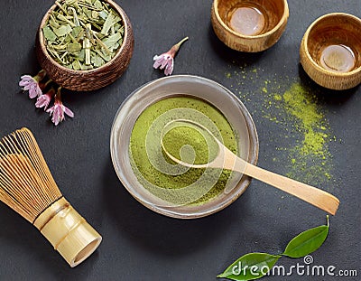 Green matcha tea drink and tea accessories Stock Photo
