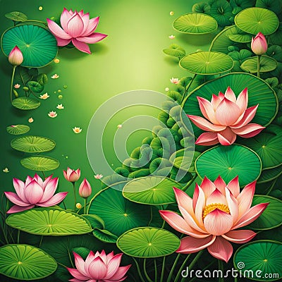 AI generated image of a green pond adorned with fully bloomed lotus and dotted with lotus leaves Stock Photo