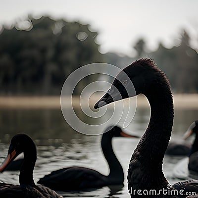 AI generated image of a group of Black Swans paddling in a water body Stock Photo