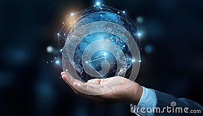 Hand holding globe with network connecting data. Implement of digital technology, Stock Photo