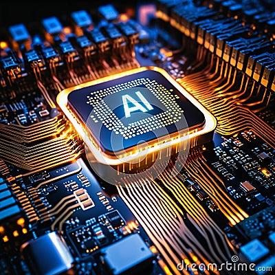 AI generated image of an illuminated artificial intelligence microchip Stock Photo