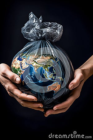 AI-Generated Image: Hands Holding Earth in Transparent Trash Bag - Ecology Problem Stock Photo