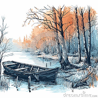 Boat And The Lake 6 - 6 Of 6 - Autumn Beauty - Stillness - Abandoned Boat Vector Illustration