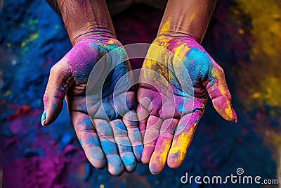 India Holi painted hands, festival celebration with copy space Stock Photo