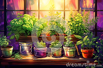 Indoor herb garden with grow lights self care background Stock Photo