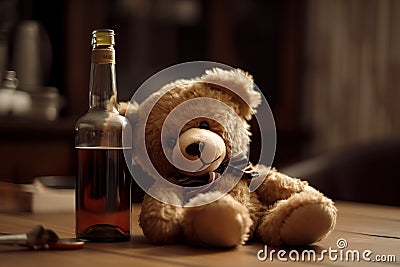 Drunk Teddy Bear with a Bottle of Beer, AI Generated Stock Photo