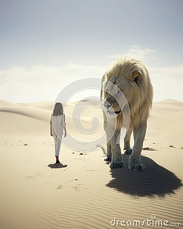 Jesus, the Lion and little girl in the desert Stock Photo