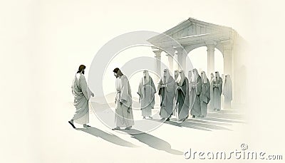 Jesus is taken to the Sanhedrin. Life of Jesus. Digital watercolor painting. Stock Photo