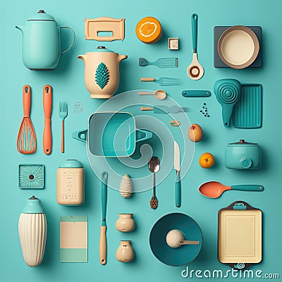 ai generated image of knolling photography of kitchen utensil Stock Photo