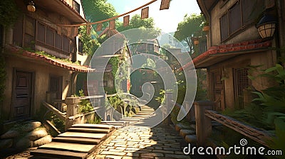 AI-Generated Image Landscape of the Establishing the Charming Village Streets and Traditional Homes Stock Photo
