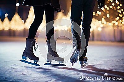 Low section of the couple skating on a Christmas decorated ice rink at night Stock Photo