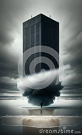 AI generated image of a modern skyscraper building on a tornado Stock Photo