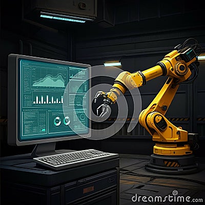 AI-Generated Image of Monitor Displaying Graphs Next to Yellow Robotic Arm on Factory Floor Stock Photo