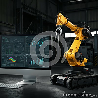 AI-Generated Image of Monitor Displaying Graphs Next to Yellow Robotic Arm on Factory Floor Stock Photo