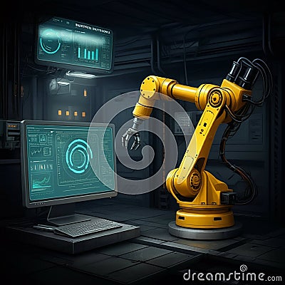AI-Generated Image of Monitor Displaying Graphs Next to Yellow Robotic Arm on Factory Floor Stock Photo