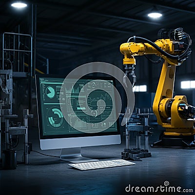 AI-Generated Image of Monitor Displaying Graphs Next to Yellow Robotic Arm on Factory Floor Stock Photo