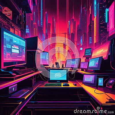 AI generated image of multiple computer systems and several communication devices in a futuristic world Stock Photo