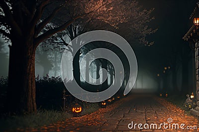 Mysterious Halloween charm: eerie streets, pumpkins, and lit scenes Stock Photo
