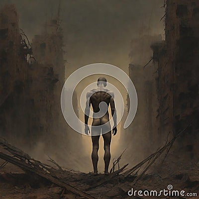 AI generated image of a nude male standing alone in the midst of an apocalypse Stock Photo