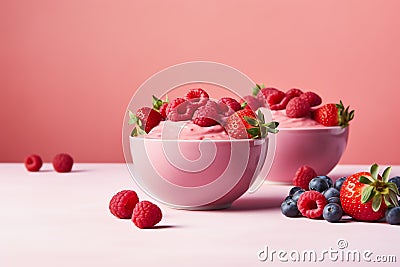 Pink Smoothie Bowls with Fresh Fruit, pink life Stock Photo
