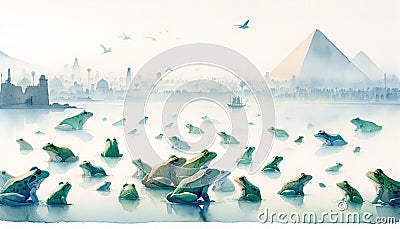 The Plagues of Egypt. Watercolor illustration of frogs covering the land of Egypt. Cartoon Illustration