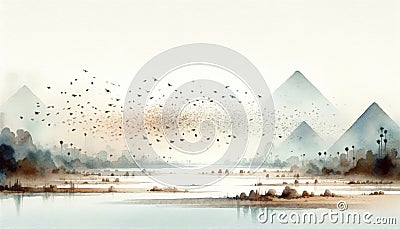 The Plagues of Egypt. Watercolor illustration of Egypt pyramids and the locusts flying over the Nile. Cartoon Illustration