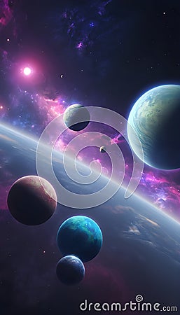 an image of planets in space with pink lights Stock Photo