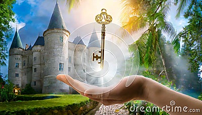 A wizard holding a magic key Stock Photo