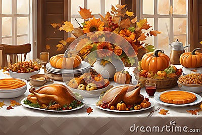 AI-generated image presents a delightful Thanksgiving scene, featuring a table of food Stock Photo
