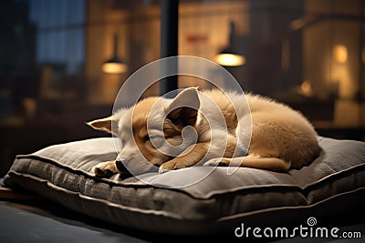 A pup resting on a cozy pet bed in a designated office dog area work office background Stock Photo