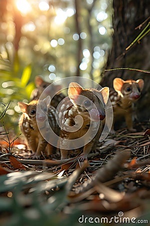 Quoll family in the forest with setting sun shining. Stock Photo