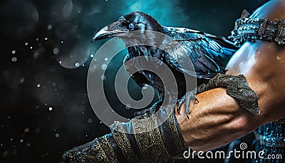 Raven sitting on barbarians arm Stock Photo