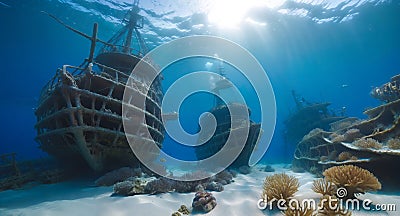 AI generated image of sunken ships at the bottom of the ocean Stock Photo