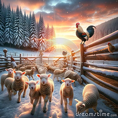 Rooster Crows in the Morning at Sunrise in Winter AI Generated Stock Photo