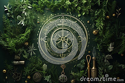 Runes and sigils green magical fairytale world background backdrop Stock Photo