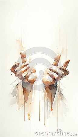 Sacred Scars: The Stigmata of Christ. Hands of a man with blood on a white background. Digital watercolor painting. Stock Photo