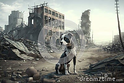 Sad Lonely Dog Sitting in a Destroyed City, Generated AI Stock Photo
